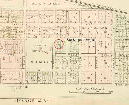 Plat map published in 1886 showing the Hamline neighborhood including the 830 Simpson Ave site. Yellow boxes are wood frame houses.